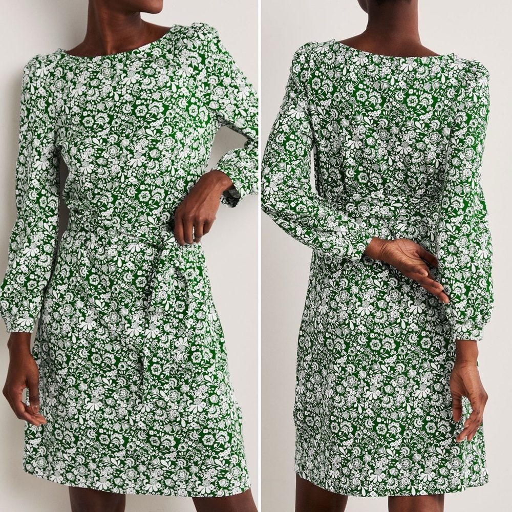 Boden Green and White Floral Long Sleeve Dress